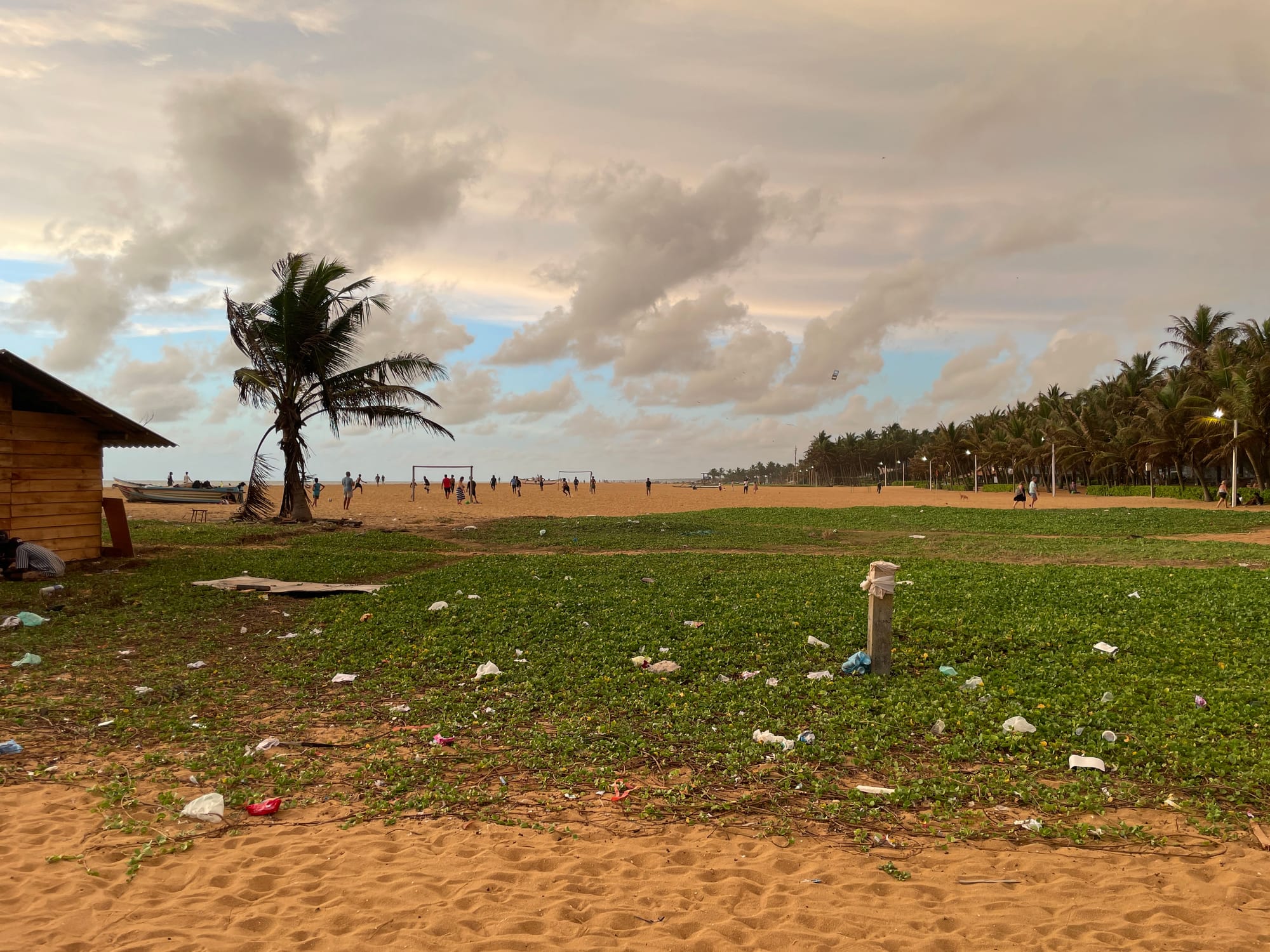 Playa de Negombo, Sri Lanka, con palmeras, personas jugando en la arena y numerosos residuos esparcidos entre la vegetación en primer plano, por el fotógrafo de viajes Vincent Croos